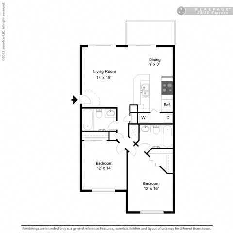 Floor plan for 2 beds, 2 baths, 938 sqft